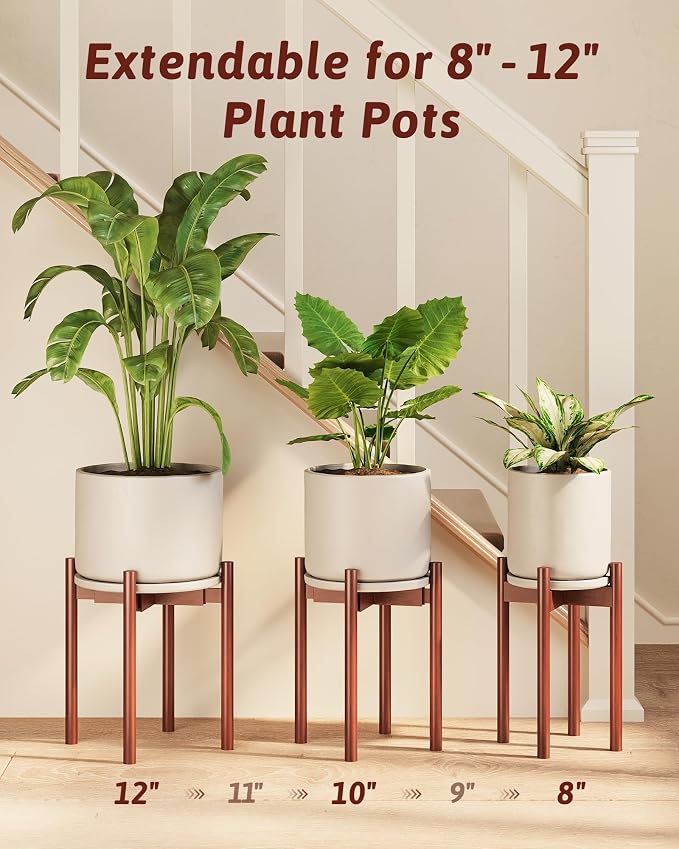 GENTINGBRO Adjustable Plant Stand Indoor, Bamboo Plant Stand Fits 8 9 10 11 12 Inches, Small Corner Planter Holder for Indoor Plants, Single Floor Plant Stands for Living Room Balcony, Reddish Brown Tall
