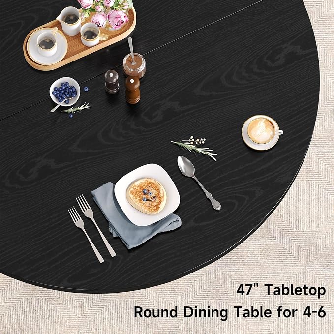 Round Dining Table for 4-6 Seats, 47" Circle Kitchen Table with Storage Drawer, Modern Mid-Century Pedestal Dinner Tables, Fluted Wood Base, Space Saving Dining Room Furniture for Family Party, Black
