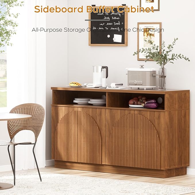 Yechen Walnut Fluted Sideboard Buffet Cabinet with Arched Reeded Design Doors, Mid Century Modern Credenza Storage Cabinet with Adjustable Shelves, for Living Room Kitchen Dinning Entryway