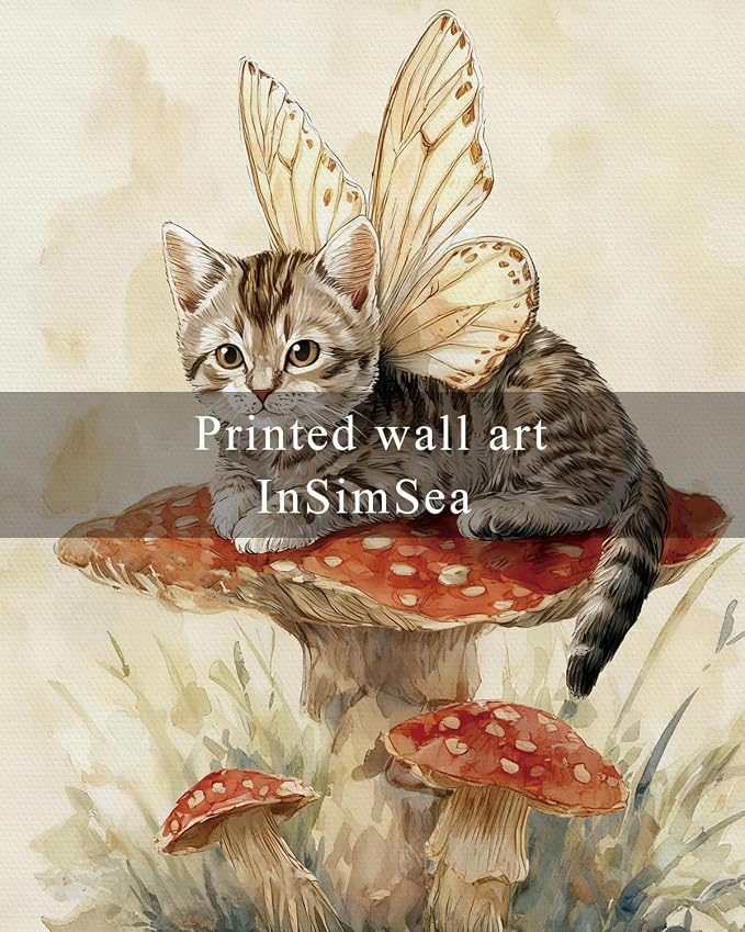 InSimSea Vintage Framed Wall Art Fairy Cat Canvas Prints, Nature Home Decor, Fantasy Themed Decor Painting Picture, Living Room,Bedroom Wall Decor Gifts for Friends or Family - 10L x 8W