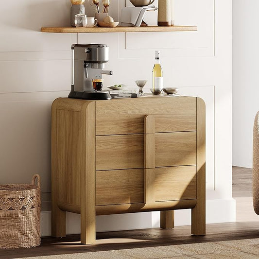 WAMPAT Sideboard Buffet Cabinet with Storage with 3 Drawers,Modern French 31.5" W Buffet Cabinet with Storage,Wood Coffee Bar Cabinets with Curved Edge Design for Kitchen Living Room, Walnut