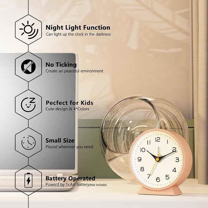 AYRELY® 4.5" Analog Alarm Clock,Small Retro Desk Clock Battery Operated,Slient Metal Table Clock with Light for Living Room Decor,Bedroom,Bedside,Shelf(Light Pink)