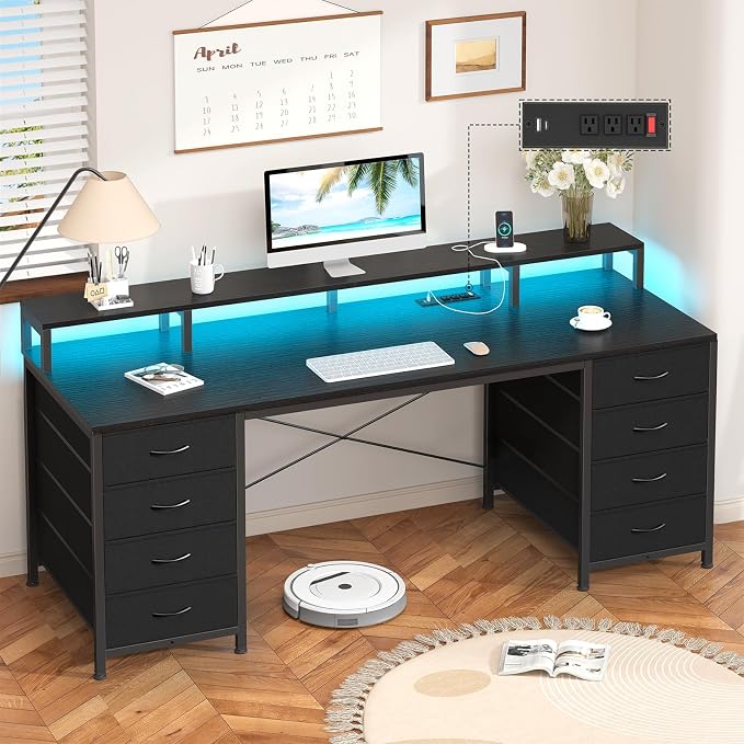 YOMILUVE 60 Inch Computer Desk with 8 Drawers, Gaming Desk with LED Lights & Power Outlets, Home Office Desk with Monitor Stand, Black