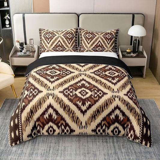 100% Cotton Ikat Bedding Set Twin Aztec Duvet Cover Paisley Floral Geometric Brown Ethnic Embroidery Comforter Cover Traditional Oriental Traditional Abstract Room Decor Quilt Cover for Man Woman