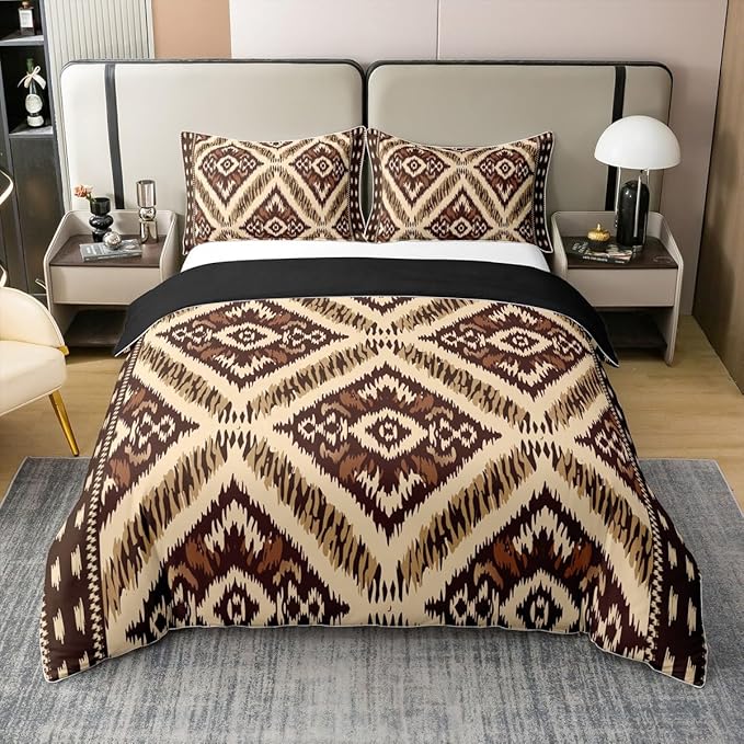 100% Cotton Ikat Bedding Set King Aztec Duvet Cover Paisley Floral Geometric Brown Ethnic Embroidery Comforter Cover Traditional Oriental Traditional Abstract Room Decor Quilt Cover for Man Woman