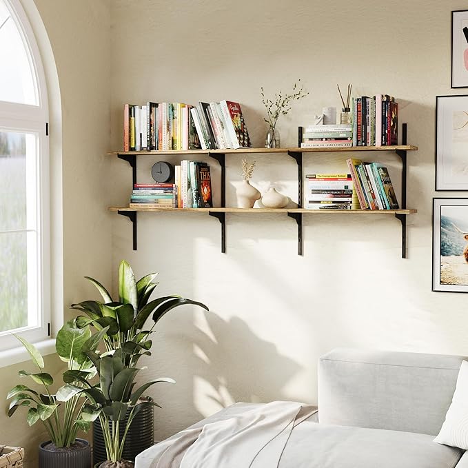 Wallniture Turin 60 Inch Floating Shelf, Adjustable Wall Shelves, Wood Shelving, Wooden Floating Shelves, Wall Mounted Bookshelf, Storage for Living Room, Kitchen, Office, 2 Tier, Burnt Finish