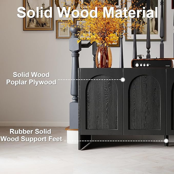 63" Sideboard Buffet Cabinet with Storage, 4 Door Solid Wood Veneer Sideboard Modern Arched Accent Cabinet with Adjustable Shelves, Large Credenza for Living Room,Kitchen,Entryway(Black)