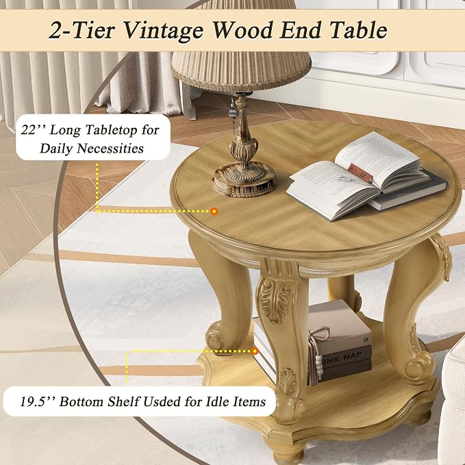 22'' Round End Table Solid Wood Sofa Side Table with Storage Shelf, Antique Natural Living Room Corner Table Retro Accent Table, Easy Assemble Round Bedside Table Night Stand for Small Space