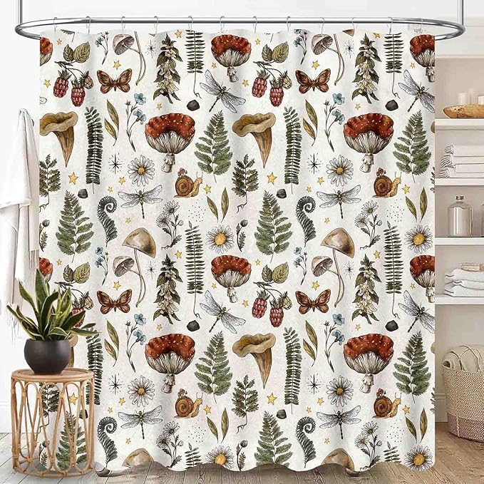 Mushroom Shower Curtain for Bathroom, Farmhouse Country Wild Floral Daisy Botanical Mushroom Cottagecore Nature Plants Herbs Retro Waterproof Fabric Shower Curtain Set with Hooks, 72"x72" Inch