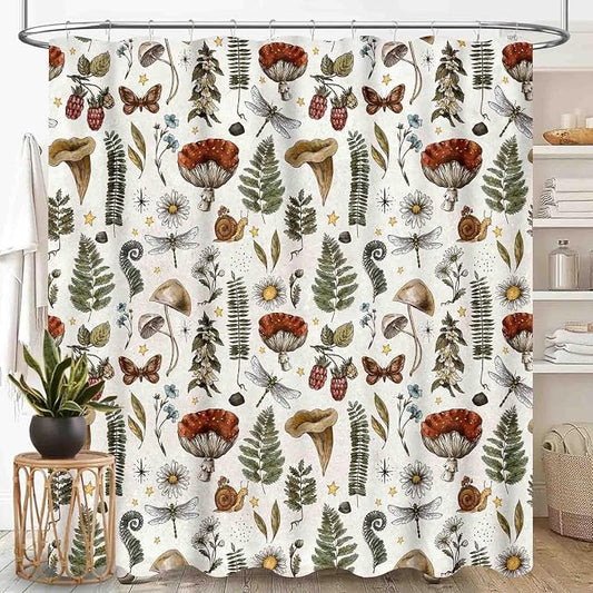 Mushroom Shower Curtain for Bathroom, Farmhouse Country Wild Floral Daisy Botanical Mushroom Cottagecore Nature Plants Herbs Retro Waterproof Fabric Shower Curtain Set with Hooks, 72"x84" Inch