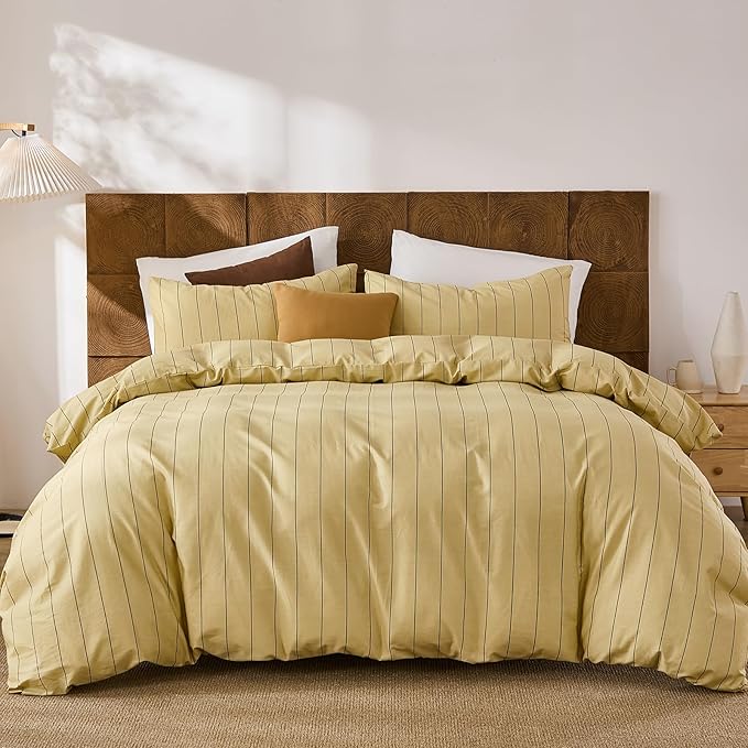 Merryword Yellow Striped Duvet Cover Set Queen Size, Natural Cotton Bedding Set with Zipper Closure & 8 Corner Ties, Soft Breathable Luxury Linen Like Bedding for All Seasons