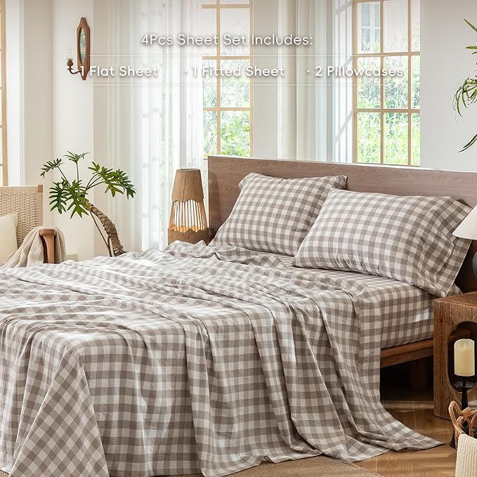 MooMee Gingham Sheet Set 100% Washed Cotton Linen Like Textured Breathable Soft w/Fully Elasticized 16-19" Deep Pocket (Buffalo Plaid Tannish Linen Grey, Queen)