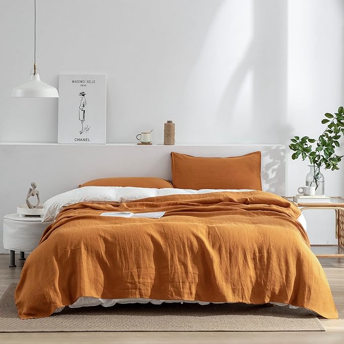 EVERLY Linen Sheets Set King Size,100% French Stonewash Pure Linen Sheets Set,4Pieces (1Flat Sheet,1Fitted Sheet,2Pillowcase) Suitable for Hot Sleepers,Deep Pocket Natural Bedding Set-Caramel