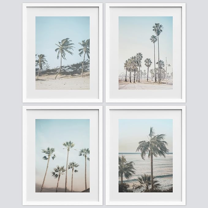 SIGNWIN Framed Washed Out Tropical Island Wall Art, Set of 4 Island Palm Tree Beach Landscapet Wall Decor Prints, Nature Wilderness Wall Décor for Living Room, Bedroom - 8"x10" White