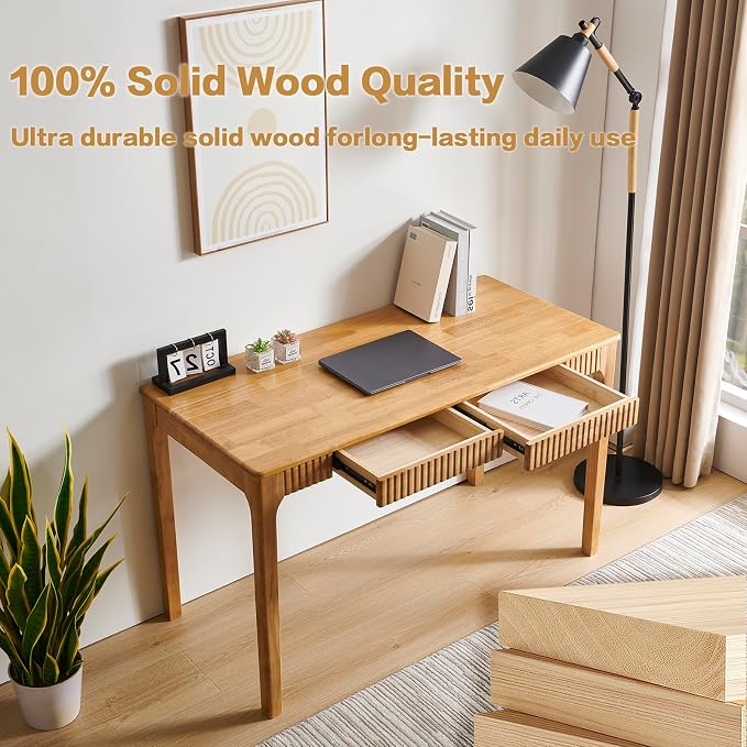 Solid Wood Desk with Drawers, Light Wood Desk for Small Spaces, Small Writing Desk for Bedroom, Gaming Study Home Office Wooden Desks for Work, 47 inch Wood Computer Desk