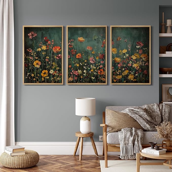 MUDECOR Framed Wall Art Print Set Vintage Wildflower Meadow with Colorful Blooms Illustrations Modern Art Boho Decorative Colorful Chic for Living Room, Bedroom, Office - 24"x36"x3 Natural