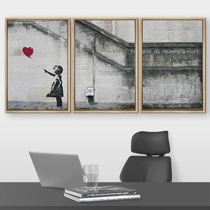 wall26 - 3 Piece Framed Canvas Wall Art - There is Always Hope - Girl and Red Heart Balloon - Street Art - Guerilla - Modern Home Art Stretched and Framed Ready to Hang - 24"x36"x3 Natural