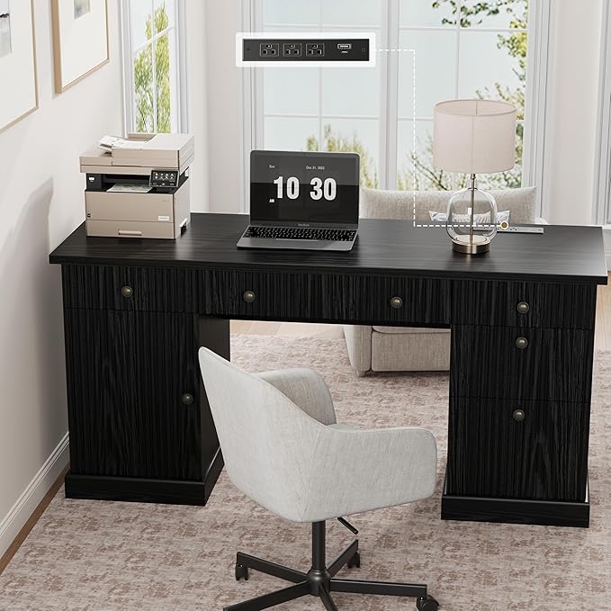Garvee 60" Office Desk with Storage & Drawers. Fluted Wood Computer Desk with Power Outlet & Adjustable Shelves.Modern Executive Desk for Home Office/Bedroom/Gaming-Black