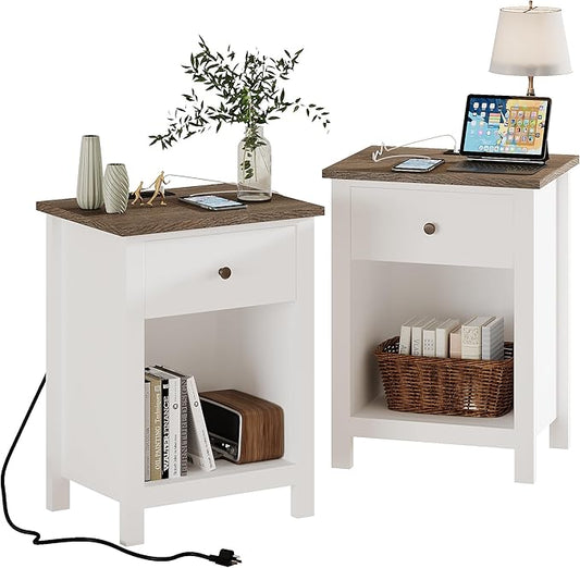 ChooChoo Farmhouse Nightstand Set of 2,Night Stand with Charging Station, Wooden Top Bedside End Table with Drawer and Storage Space for Bedroom, White