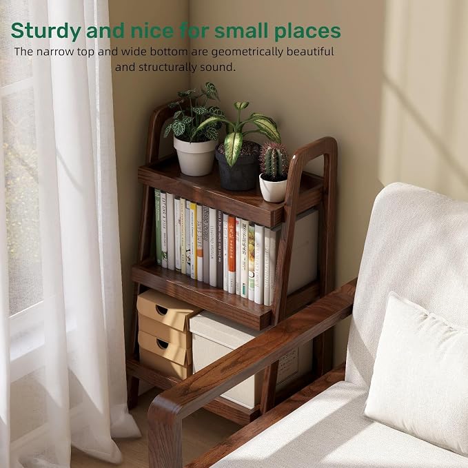 100% Solid Oak 3 Tier Ladder Shelf for Saving Space, Small Bookshelf with Stable Frame, Free Standing Ladder Shelves for Living Room Bedroom Couch, (Walnut, 25.6" W x 13.4" L x 36.2" H)