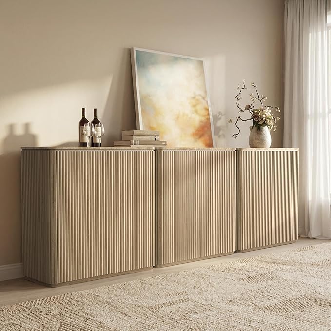 Fluted 2 Doors Sideboard Cabinet with Storage-Wooden Credenza w/Shelves, Faux Marble-Top Coffee Bar Console Table, Modern Buffet Cabinet for Dining, Kitchen, Living Room, Entryway, Natural Oak, 3pcs