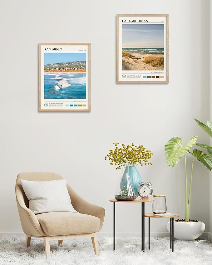 HesenDot Natural OAK Wood Lake Michigan Framed Wall Art,12x16in Natural Scenery Canvas Wall Print,Classic Urban City Landmark Wall Decor for Living Room,Bedroom,Office Gallery Gifts Set of 1