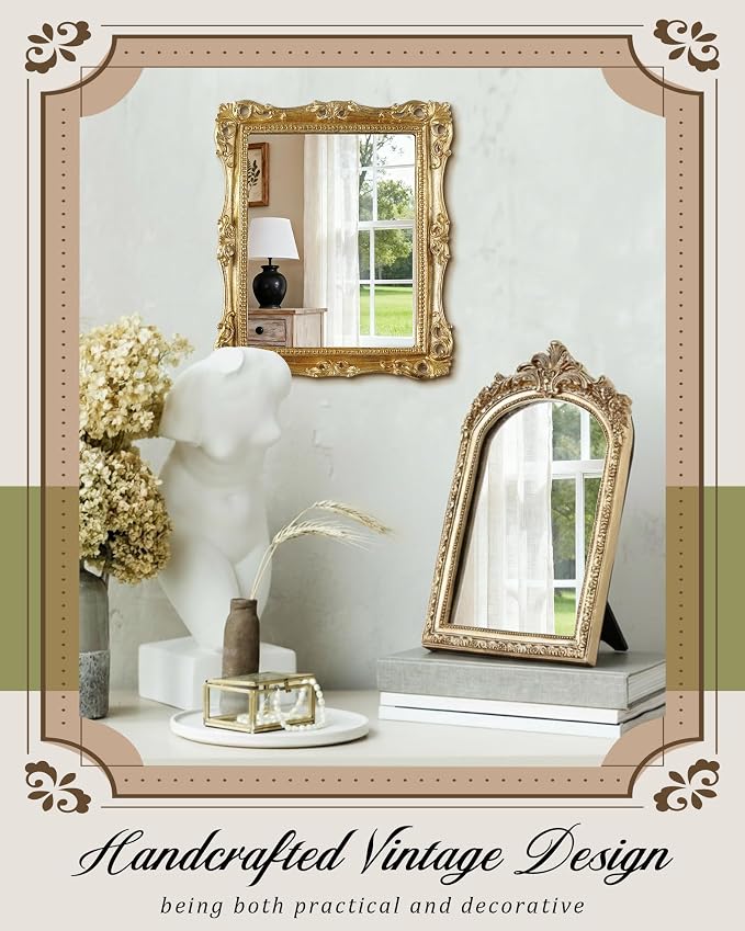 Wonderjune 3 Pcs Vintage Gold Mirror Set Wall Decorative, 8-15in Vintage Wall Mirror Hanging Antique Hanging with Stand for Living Room Home Wedding Decor(Retro Mixed Style, 12in/10in/8in)