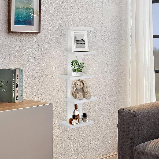 VIWODS 5 Tier Wall Shelf Unit-White Floating Shelves for Home Decor, Modern Unique Asymmetric Design for Bedroom & Living Room Storage