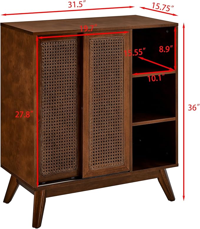 LKTART Mid Century Modern Storage Cabinet with Rattan Sliding Doors and Open Shelves, Boho Style Wooden Sideboard Buffet for Living Room,Dark Walnut