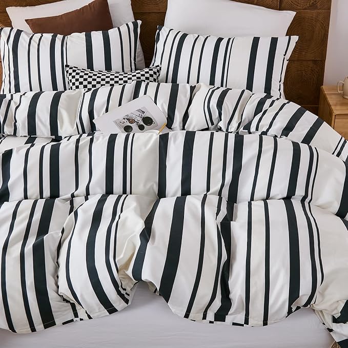 Merryword Black and White Striped Duvet Cover Set Queen Size - 100% Cotton Duvet Cover Set with Vertical Stripe Design, Soft Breathable Comforter Cover for All Seasons