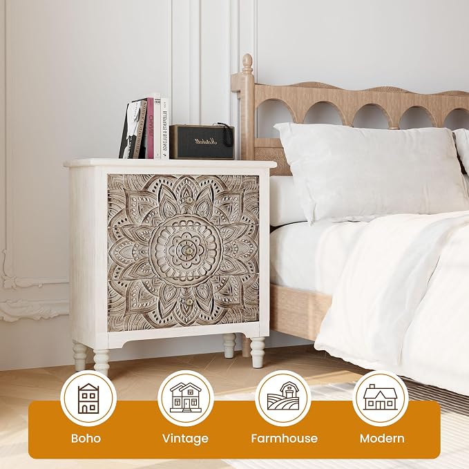 HOMPUS White 3 Drawer Dresser, Farmhouse Nightstand with 3 Drawers, Wood Night Stand with Lotus Carved Pattern, Vintage Nightstand with Storage, Small Chest of Drawers for Bedroom, Living Room, White