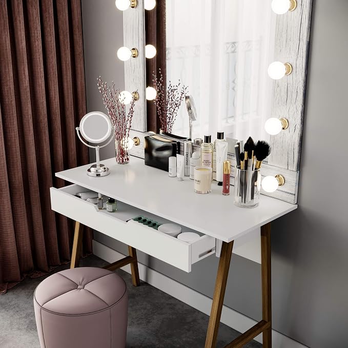 Modern Design Parma Small Desk for Bedroom, White Writing Desk 42 Inch with Drawer, by Crafts and Comfort