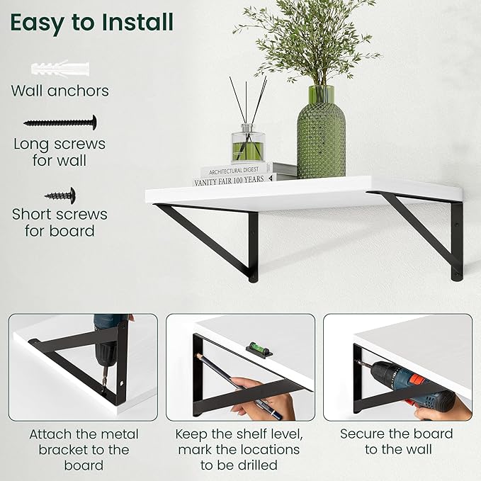 Floating Shelves, 12 Inch Deep Rustic Wood Wall Storage, 36W x 12D Wall Shelves Set of 2, Heavy Duty Metal Brackets, Large Industrial Book Shelf for Living Room, Kitchen, Bedroom, White