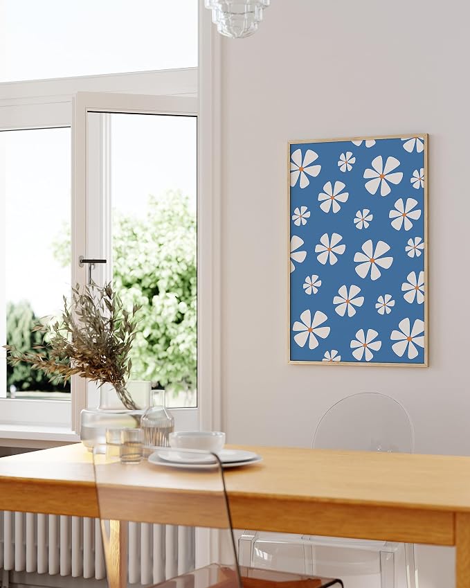 HAUS AND HUES Daisy Flower Painting - Blue Floral Art for Room Aesthetic (Unframed, 24x36)