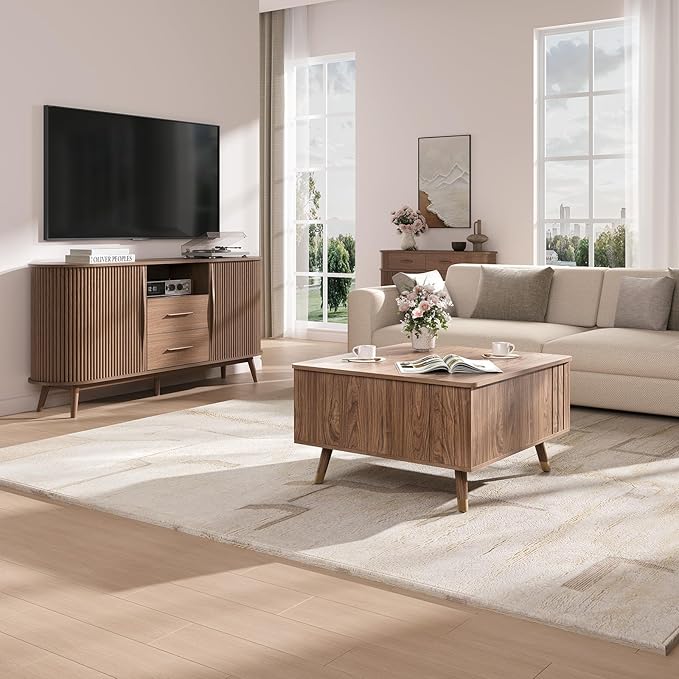 Square Lift Top Coffee Table with Storage,32" Mid Century Modern Walnut Center Table with Rising Desktop for Work & Dining, Walnut Finish