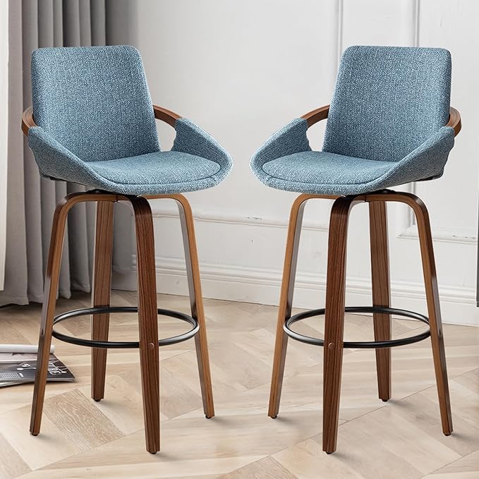 LUNLING 29.5" Bar Height Barstools Set of 3,Mid Century Modern Retro Bar Chairs Charcoal Blue Linen Look Fabric Upholstered and Walnut Wood Frame for Home Bar Furniture(Blue)