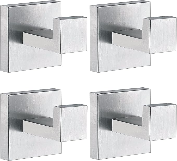 Towel Hooks for Bathrooms, Brushed Nickel Towel Hook for Kitchen Bathroom, SUS304 Stainless Steel Coat Hook, Square Heavy Duty Holder Robe Hooks for Hanging Towels, Coats, sponges, Wall Mount, 4 Pack