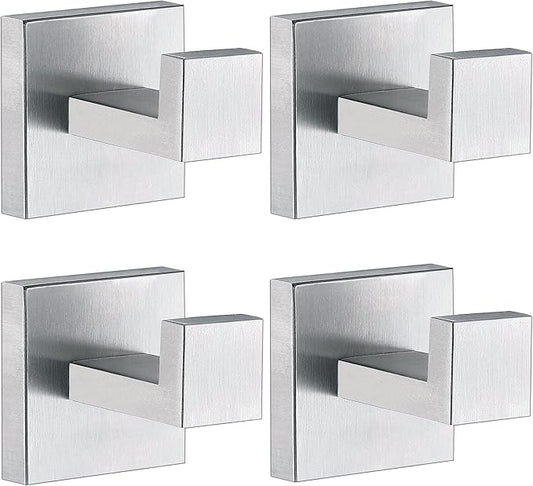 Towel Hooks for Bathrooms, Brushed Nickel Towel Hook for Kitchen Bathroom, SUS304 Stainless Steel Coat Hook, Square Heavy Duty Holder Robe Hooks for Hanging Towels, Coats, sponges, Wall Mount, 4 Pack