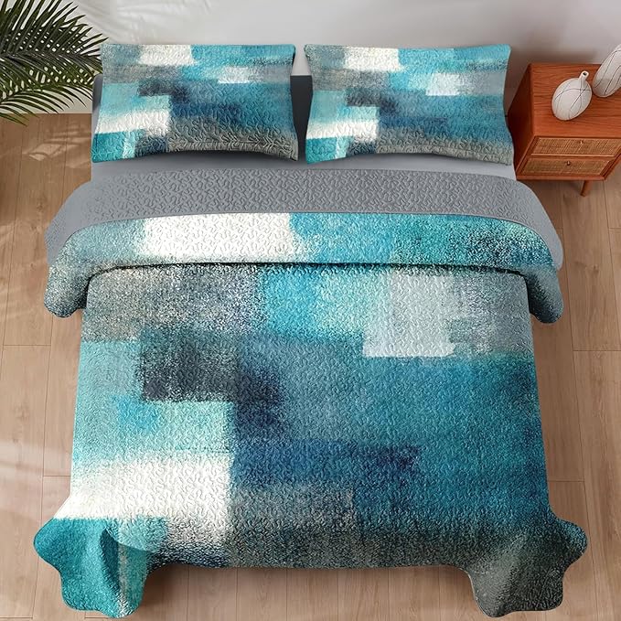 Pamnest Quilt Set Twin Size, Turquoise Grey Painting 2 Pcs Soft Bed Cover Bedding Set for Kids and Adults, Teal Contemporary Gray Lightweight Bedspread Coverlet with Pillow Sham for All Season
