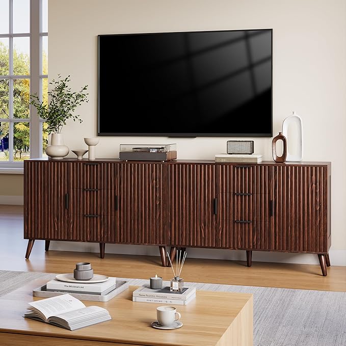 47.2" Fluted Sideboard Buffet Cabinet with 3 Drawers, Walnut Modern Buffet Cabinet with Storage, Large Storage Cabinets with 2 Doors Accent Credenza for Living Room|Kitchen|Entryway