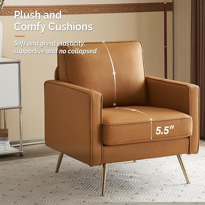 VINGLI Modern PU Leather Accent Chair for Living Room,Bedroom Comfy Chair Arm Chair Reading Chair with Golden Metal Legs and Deep Seat for Office,Apartment,Small Space,Cognac