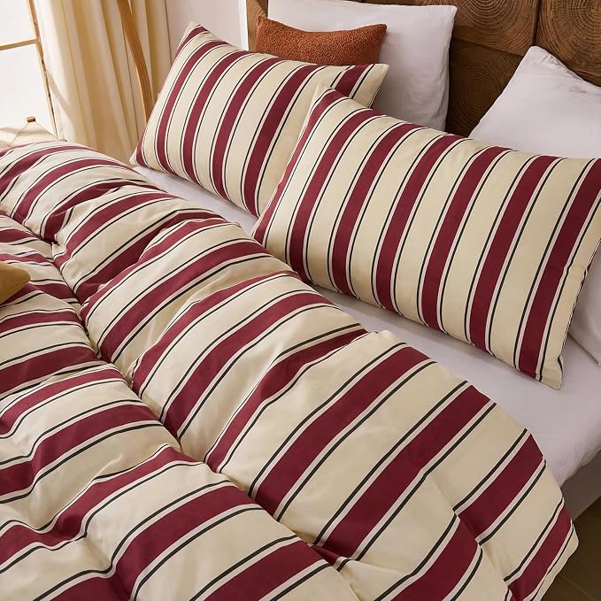 Merryword Red and Cream Striped Duvet Cover Set King Size, 100% Cotton Bedding Set with Zipper Closure & 8 Corner Ties, Awning Stripe Bedding, Soft Breathable Comforter Cover for All Seasons