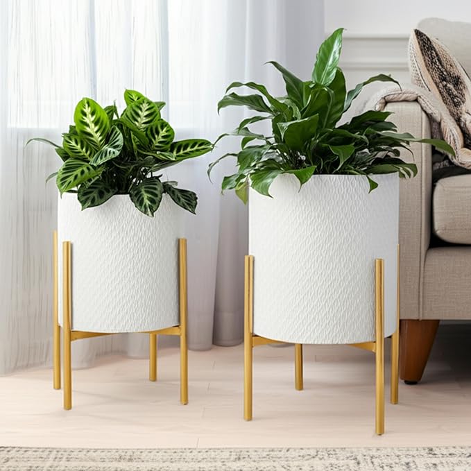 Decorative Flower Pots with Metal Stand for Home Decor - Modern Planters for Hallway, Entryway, and Living Room Decor - Indoor and Outdoor Pots for Plants - Set of 2, 23", 19", White & Gold
