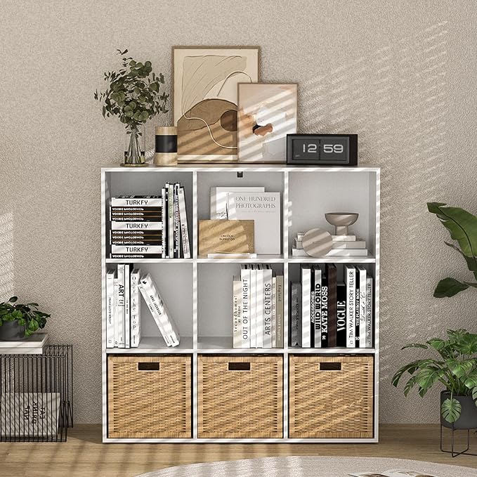 Wooden 9 Cube Storage Organizer with Closed Back Panel,White Cube Shelf Cubby Storage Organizer with Compartments for Living,Bookshelf, Easy to Install (White, 9 Cube-11in)