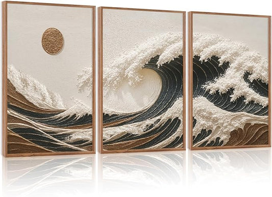 HLNIUC Great Wave Sunset Framed Canvas Wall Art,Abstract Sun Seascape Art Decor Set of 3(24”x36”) Modern Ocean Beach Art Print,Large Sea Wave Pictures Framed Wall Painting for Living Room,Bedroom