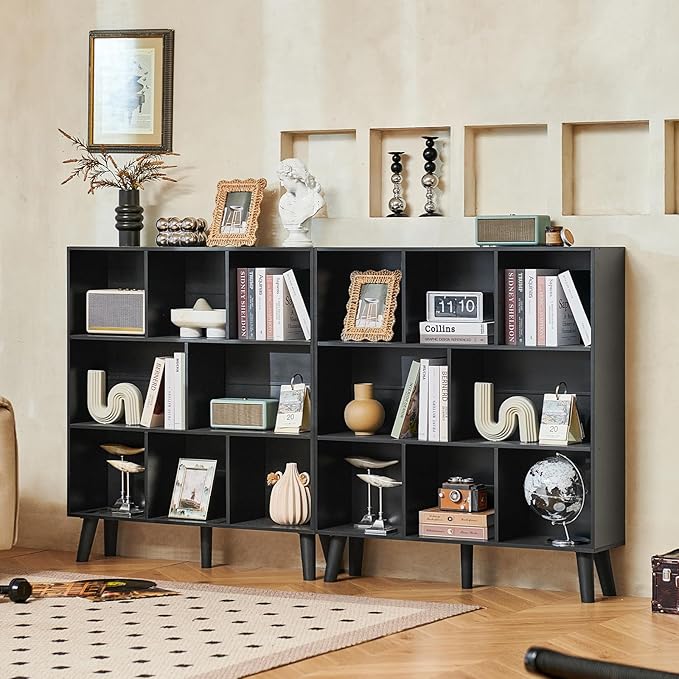 LEYAOYAO 8 Cube Bookshelf,3 Tier Bookcase with Legs,Black Mid-Century Modern Bookshelves,Large Open Storage Organizer Shelf, Wooden Book Case