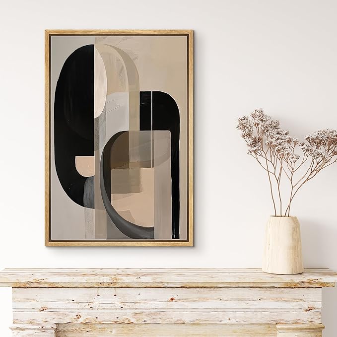 MUDECOR Framed Canvas Print Wall Art Black & Beige Geometric Abstract Illustrations Mid-Century Modern Multicolor for Living Room, Bedroom, Office - 24"x36" NATURAL