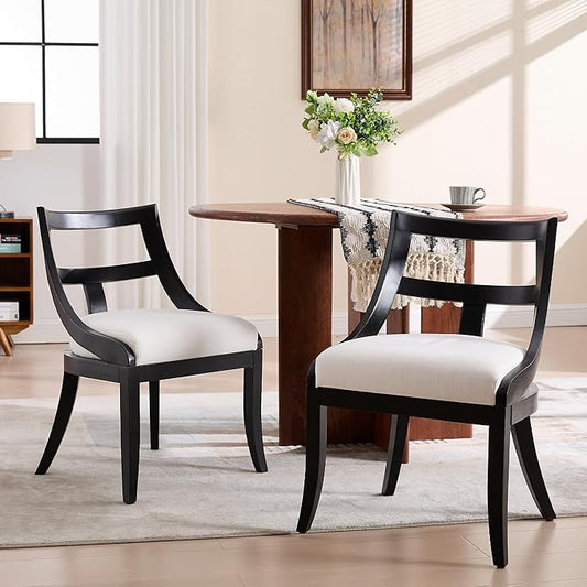 Modern Farmhouse Dining Chairs Set of 2 Mid Century Upholstered Dining Chair with Wooden Curved Back Kitchen Chairs for Dining Room Restaurant Cafe, Black-Linen Beige