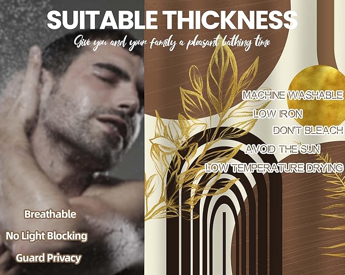 Mid Century Modern Black and Brown Shower Curtain Boho Beige and Dark Tan Gold Shower Curtains for Mens Bathroom Decor Sets, Waterproof Cloth Fabric with Hooks, 70x78in
