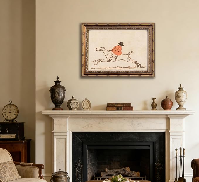Vintage Gold Framed Hunting Equestrian Canvas Wall Art Horse and Rider Wall Decor Riding Horse painting Picture Retro Rustic Farmhouse print artwork for Farmhouse Bedroom Living Room 9X11in